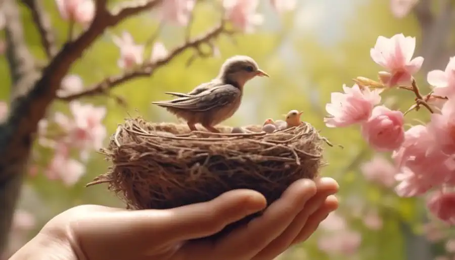 Human Touching a Bird's Nest with Babies in it