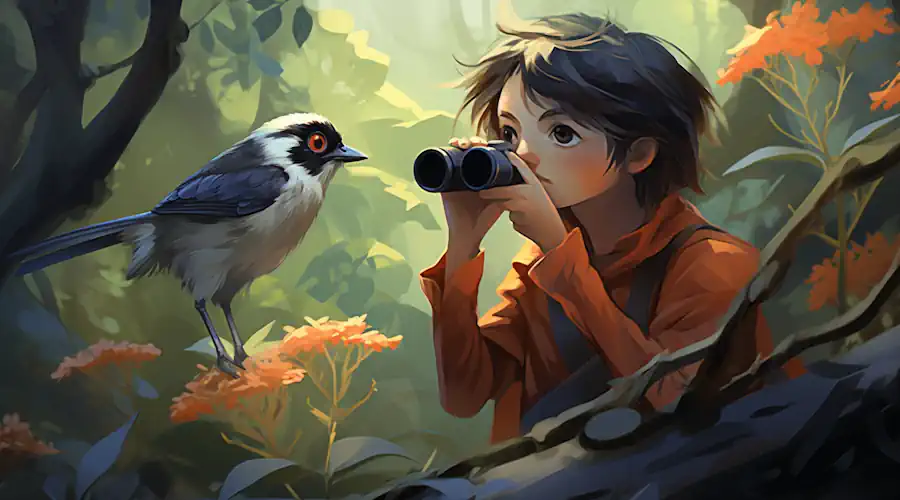 Young Person Watching a Bird with Binoculars